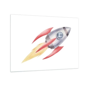 Tablou pe sticlă - O rachetă colorată zboară prin spațiu - 70x50cm - Mai sus, mai repede, mai departe - Decorațiune modernă pentru perete pentru living și dormitor ARTTOR