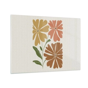 Tablou pe sticlă - Trei flori stilizate în culori calde pe un fundal deschis - 70x50cm - Natură și geometrie - Decorațiune modernă pentru perete pentru living și dormitor ARTTOR