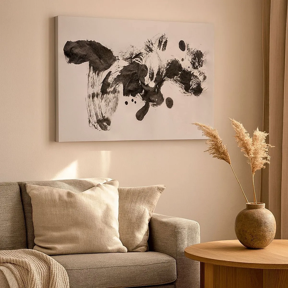 Tablou pe pânză Canvas - Compoziție abstractă de pete negre pe fundal alb - 70x50cm - Metodă în nebunie? - Decorațiune modernă pentru perete pentru living și dormitor ARTTOR
