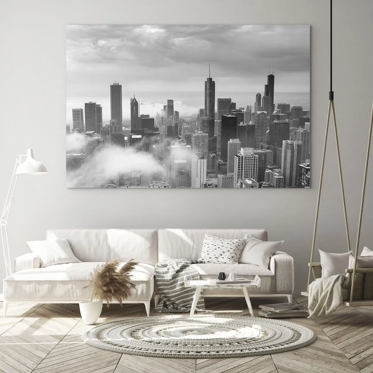 Tablou pe sticlă - Panoramă a orașului cu zgârie-nori în alb și negru - 70x50cm - Peisaj american - Decorațiune modernă pentru perete pentru living și dormitor ARTTOR