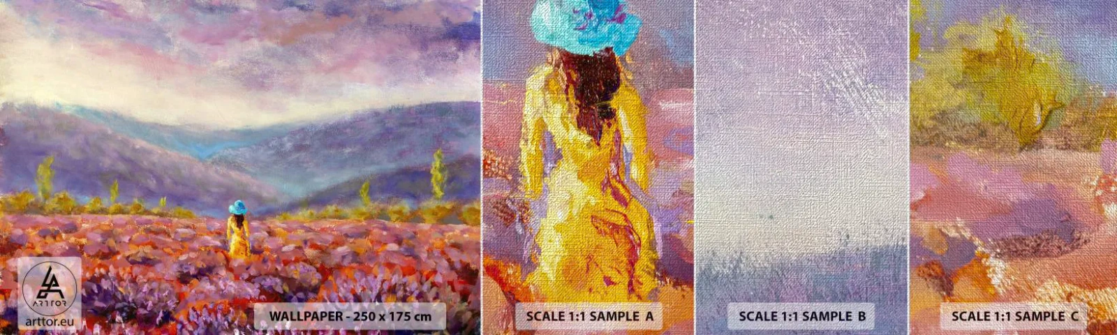 Mostră tapet Premium Canvas - Într-o lume de lavandă - Peisaj, Femeie, Câmp de lavandă - 100x30 cm