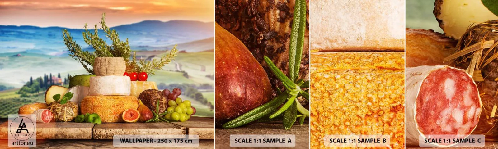 Mostră tapet autocolant Deluxe Sticker - Bucurie de viață în stil italian - Toscana, Peisaj, Brânzeturi delicioase - 100x30 cm