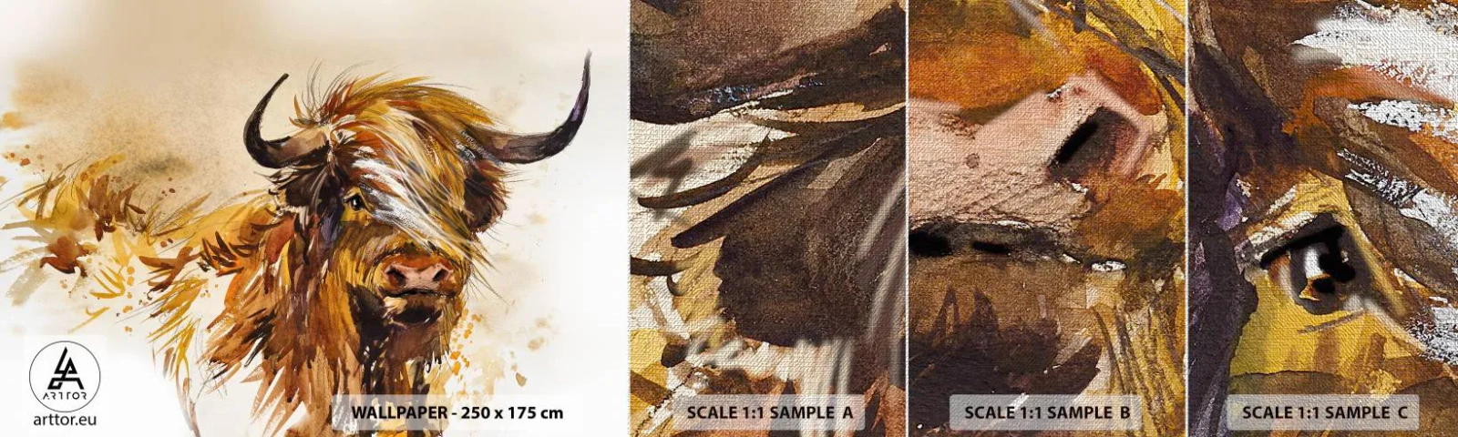 Mostră tapet Premium Canvas - Mândria vânătorului - Animale, Abstracția, bivol scoțian - 100x30 cm