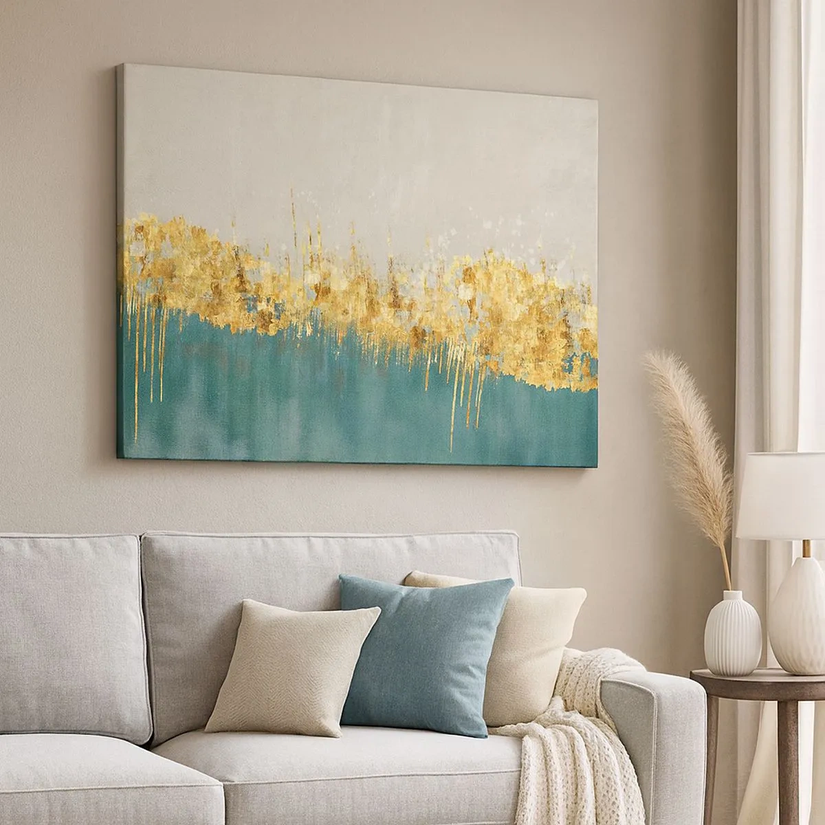 Tablou pe pânză Canvas - Accente aurii pe un fundal verde-bej - 70x50cm - Frontiera de aur - Decorațiune modernă pentru perete pentru living și dormitor ARTTOR