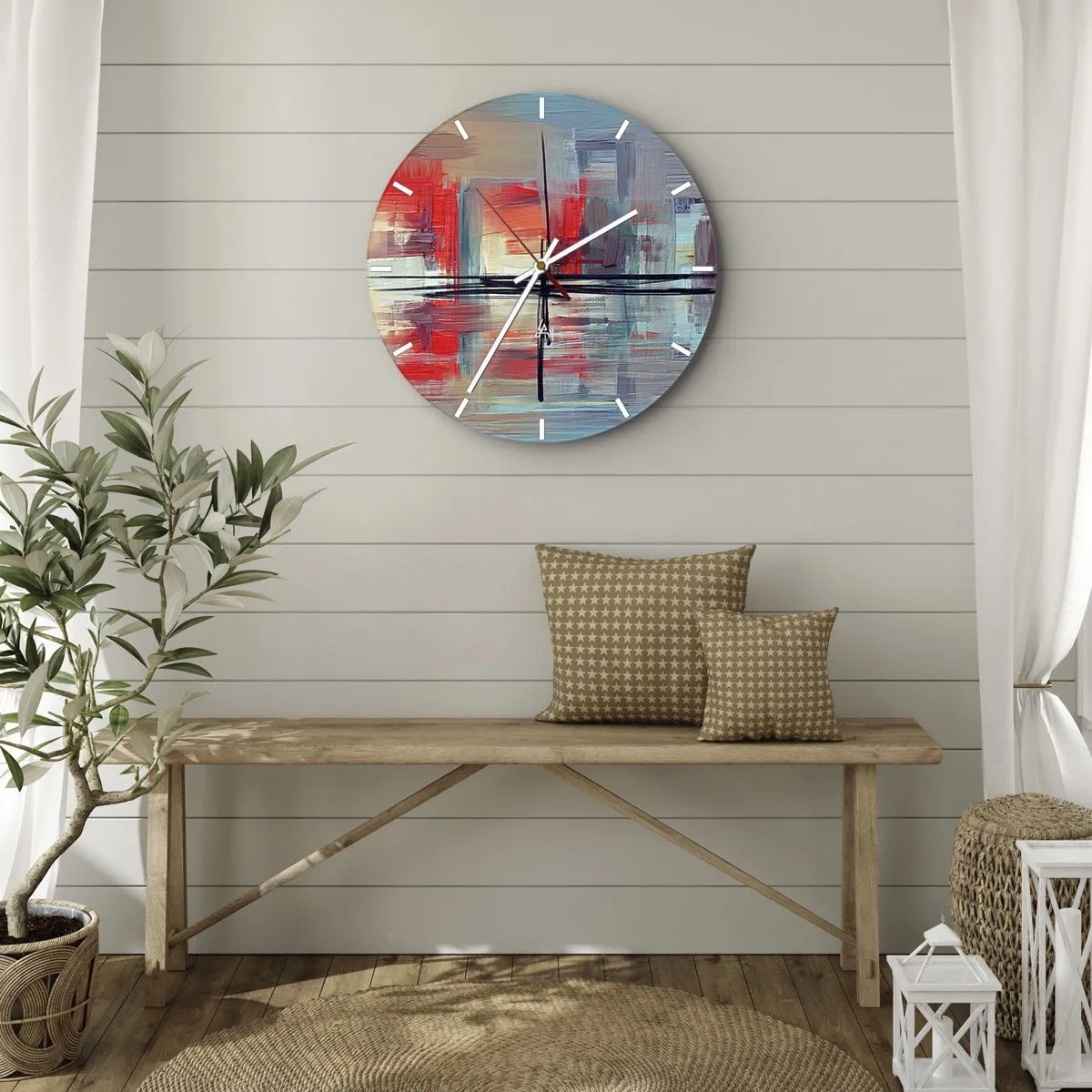 Ceas de perete - Ceas pe sticlă - Abstracție colorată cu tușe geometrice - 30x30cm - Peisaj dintr-o dimensiune necunoscută - Decorațiune modernă pentru perete pentru living, bucătărie și dormitor ARTTOR