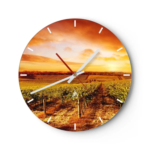 Ceas de perete - Ceas pe sticlă - Apus de soare peste podgorie - 30x30cm - Cu un iz de fructe, cu o notă de soare - Decorațiune modernă pentru perete pentru living, bucătărie și dormitor ARTTOR