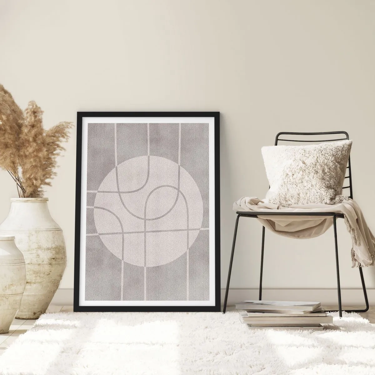 Poster în ramă neagră - Linii geometrice și un cerc în nuanțe de gri - 50x70cm - Circular și drept înainte - Decorațiune modernă pentru perete pentru living și dormitor ARTTOR