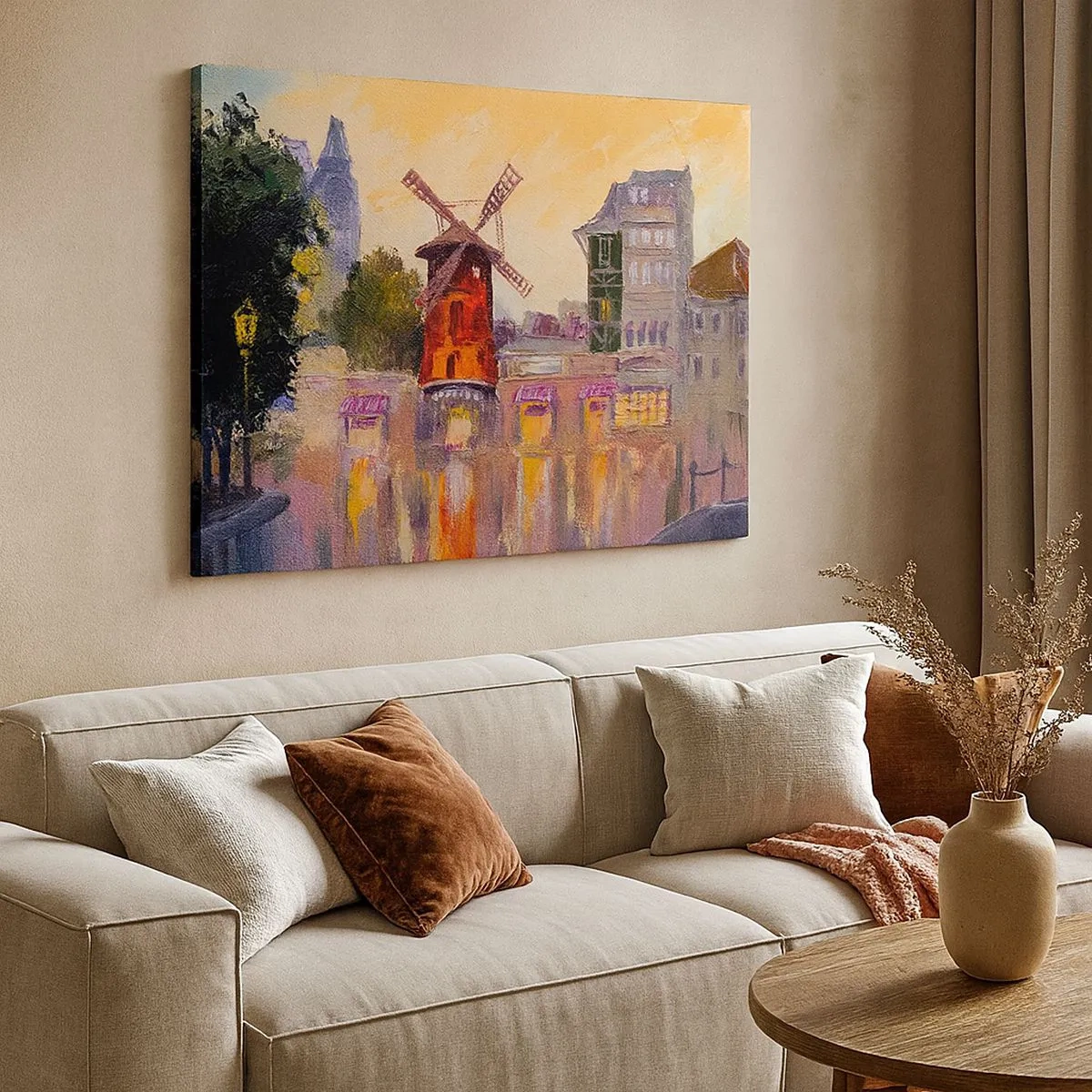 Tablou pe pânză Canvas - Moara de vânt roșie a Moulin Rouge înconjurată de peisajul urban - 70x50cm - Icoane pariziene - Moulin Rouge - Decorațiune modernă pentru perete pentru living și dormitor ARTTOR