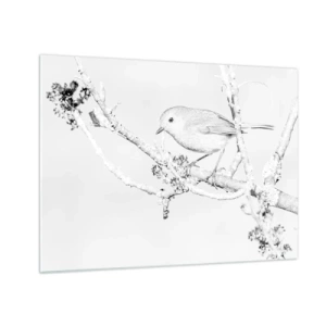 Tablou pe sticlă - O pasăre cocoțată pe o creangă într-o scenă monocromatică de iarnă. - 70x50cm - Dimineață de iarnă - Decorațiune modernă pentru perete pentru living și dormitor ARTTOR