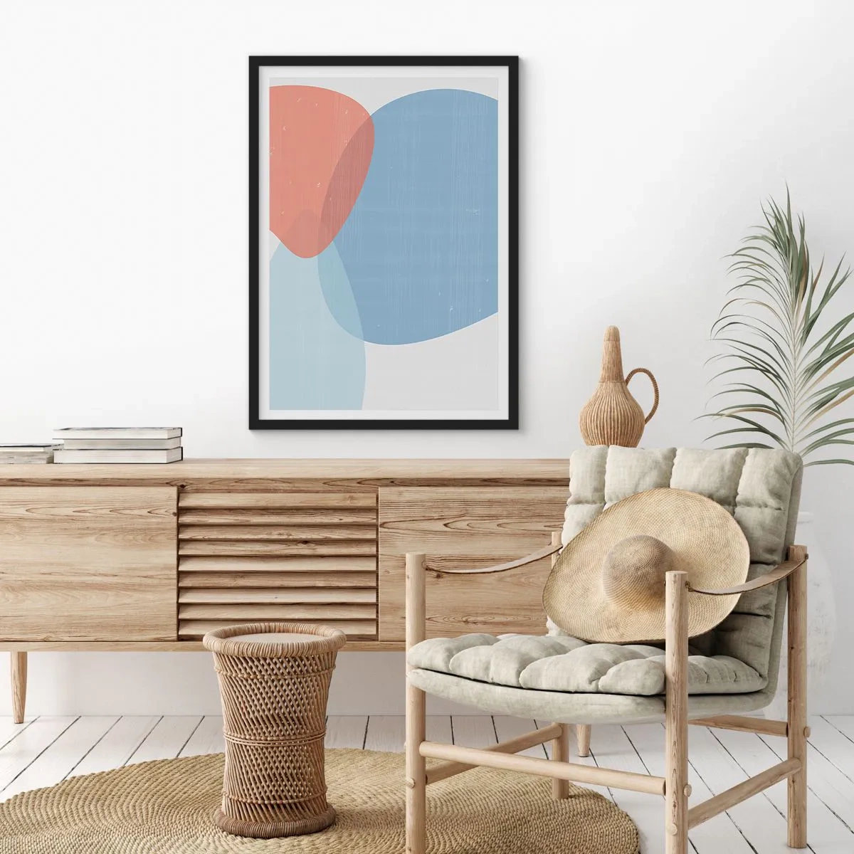 Poster în ramă neagră - Forme abstracte în nuanțe de albastru și bej - 50x70cm - Relații pastelate - Decorațiune modernă pentru perete pentru living și dormitor ARTTOR