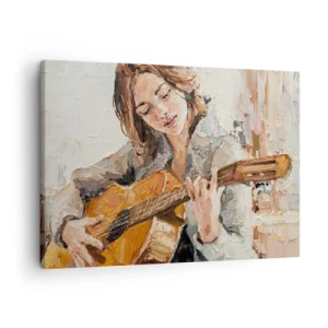 Tablou pe pânză Canvas - Portretul unei fete care cântă la chitară într-un stil pictural, cu culori calde. - 70x50cm - Concert pentru chitară și inima unei fete - Decorațiune modernă pentru perete pentru living și dormitor ARTTOR