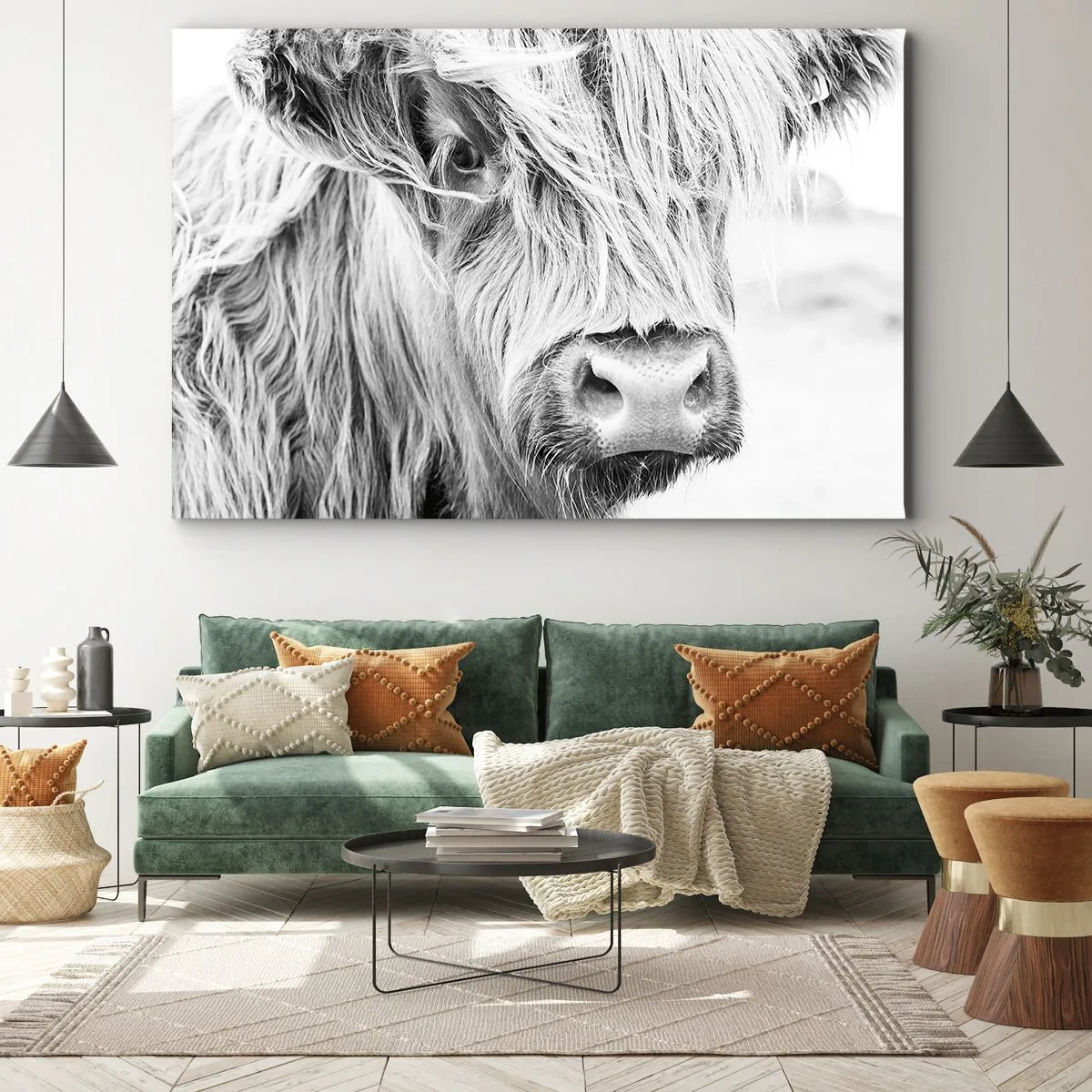 Tablou pe pânză Canvas - Portretul unei vaci scoțiene în alb și negru - 70x50cm - Sălbăticie scoțiană - Decorațiune modernă pentru perete pentru living și dormitor ARTTOR