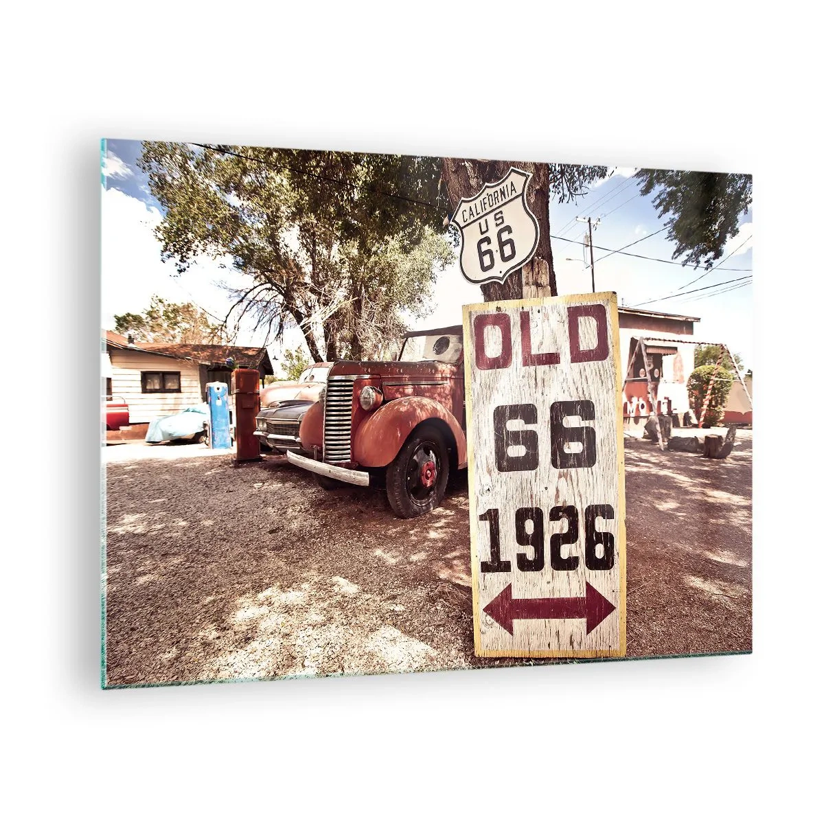 Tablou pe sticlă - Indicator retro și vechi pentru ruta 66 - 70x50cm - O legendă provincială americană - Decorațiune modernă pentru perete pentru living și dormitor ARTTOR