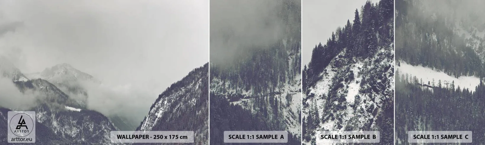 Mostră tapet autocolant Deluxe Sticker - Valea cețoasă - Munţi, pădure, Peisaj - 100x30 cm