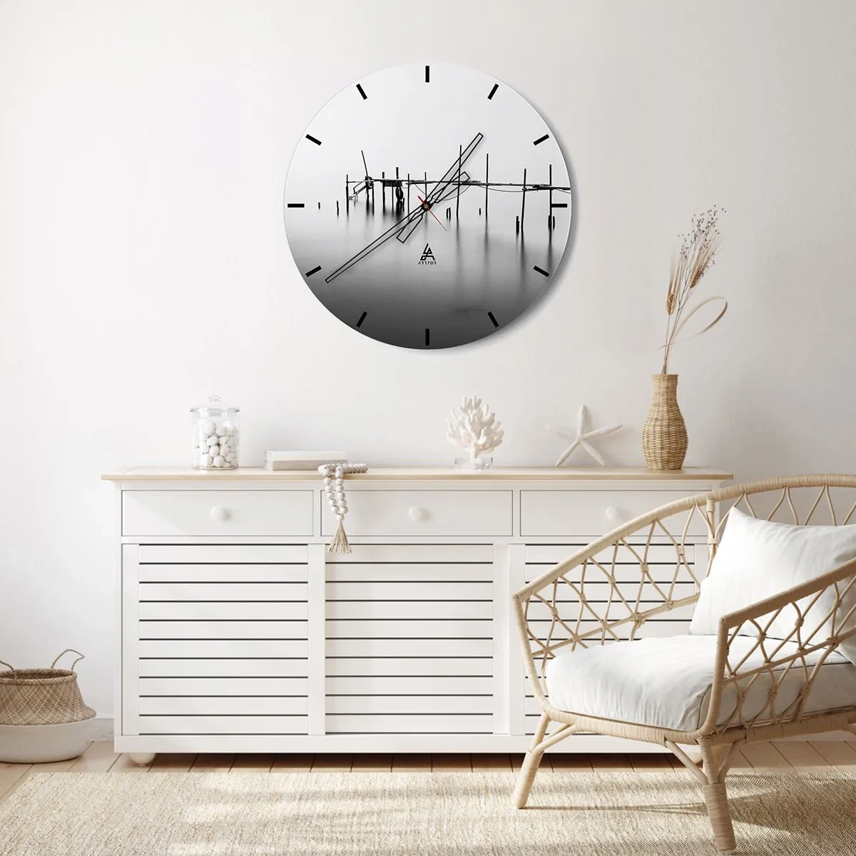 Ceas de perete - Ceas pe sticlă - Un dig minimalist pe ape calme în nuanțe de gri - 30x30cm - Și dacă lumea nu ar exista? - Decorațiune modernă pentru perete pentru living, bucătărie și dormitor ARTTOR