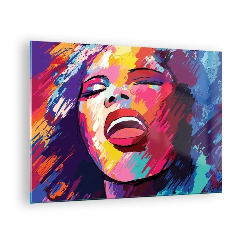 Tablou pe sticlă - Portret abstract al unei femei în culori intense - 70x50cm - Cântă toată viața - Decorațiune modernă pentru perete pentru living și dormitor ARTTOR