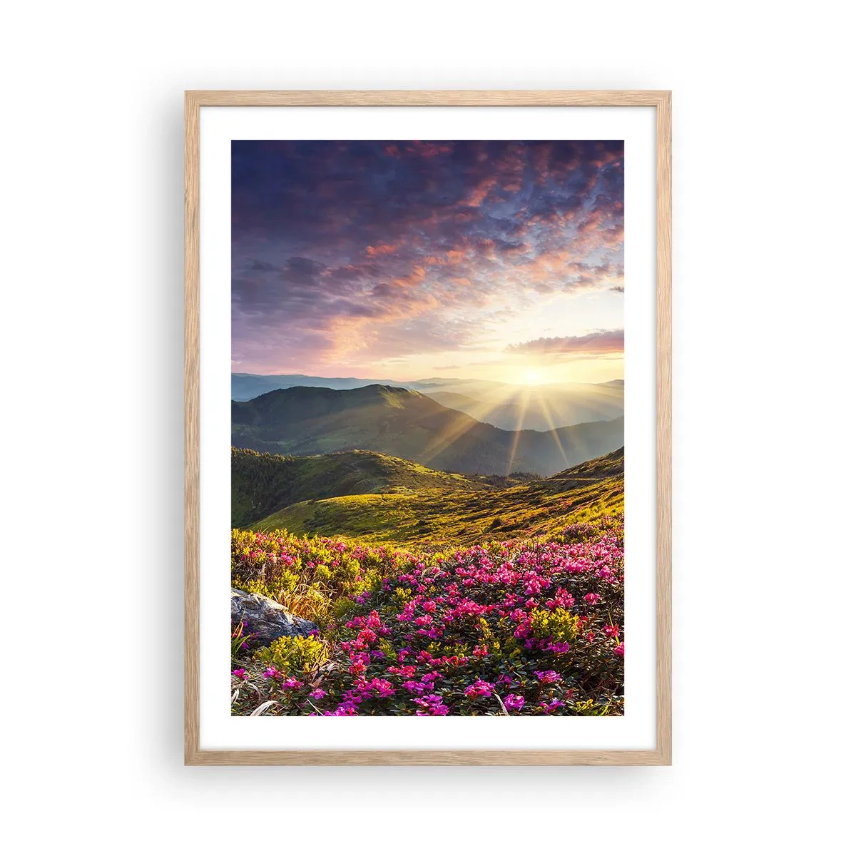 Poster în ramă de stejar deschis - Prospețimea unei dimineți de munte - 50x70 cm