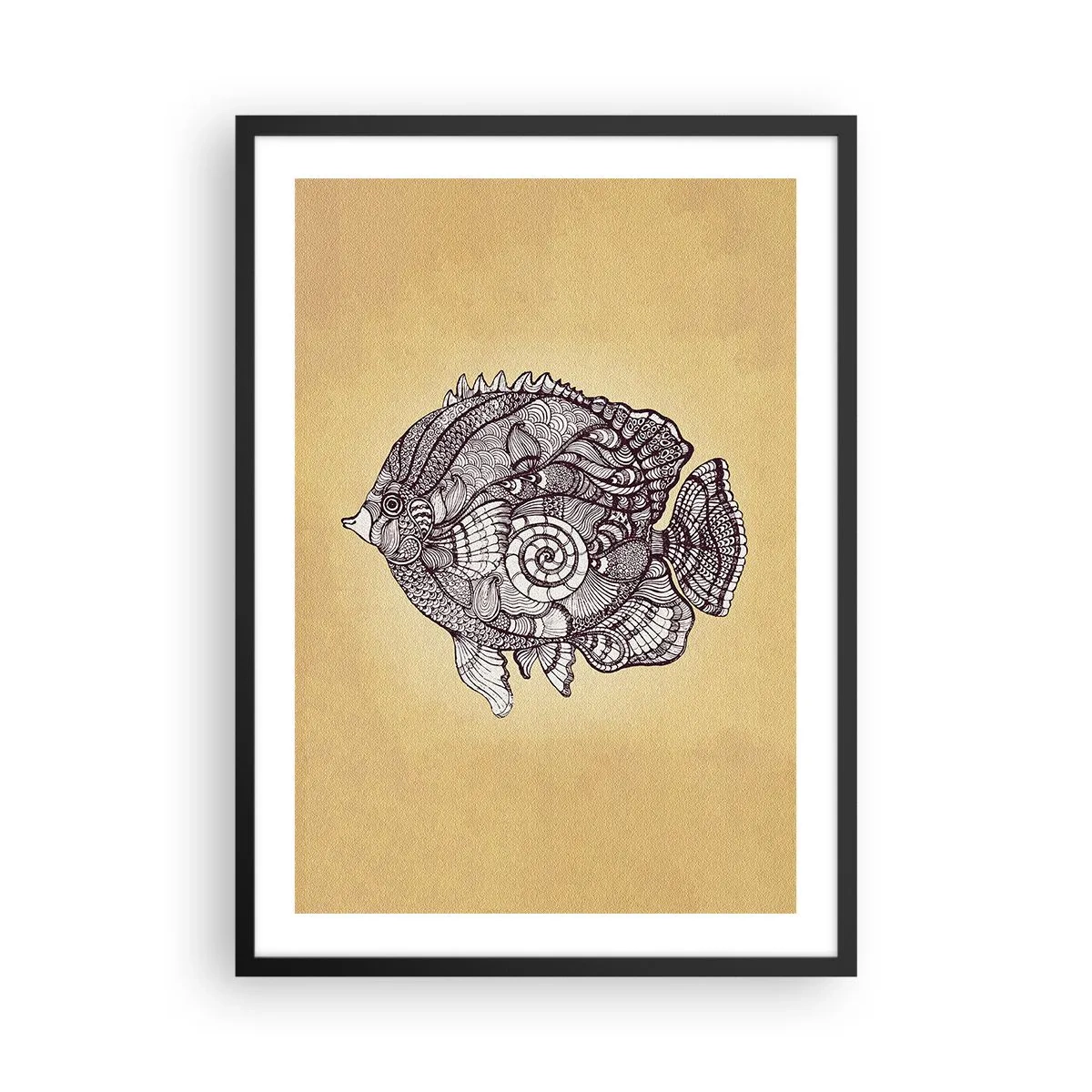 Poster în ramă neagră - Pește artistic în stil mandala pe fundal bej - 50x70cm - Dintr-un ocean de ornamente - Decorațiune modernă pentru perete pentru living și dormitor ARTTOR