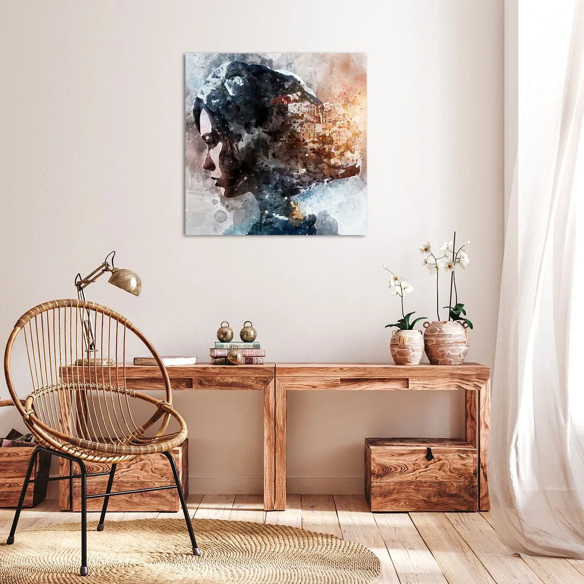 Tablou pe pânză - Povestea unei fete cu un oraș în fundal - 30x30 cm