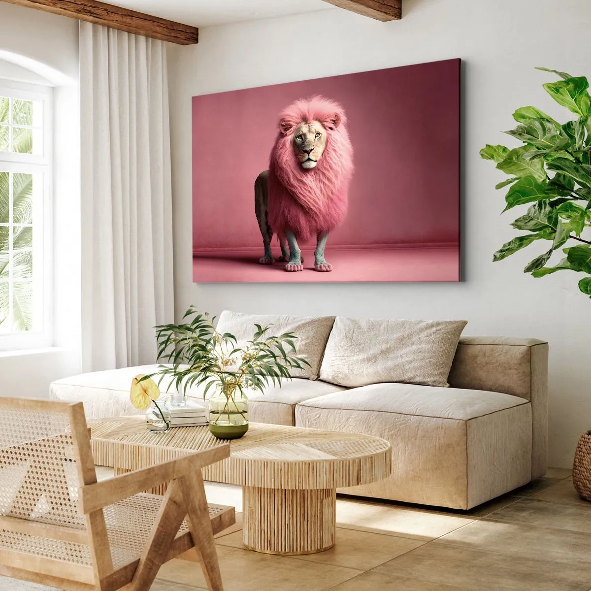 Tablou pe pânză Canvas - Un leu redat artistic cu o coamă roz pe un fundal roz - 70x50cm - Și nu-ți mai este frică - Decorațiune modernă pentru perete pentru living și dormitor ARTTOR