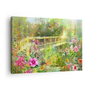 Tablou pe pânză Canvas - Un pod înconjurat de vegetație luxuriantă și flori - 70x50cm - Podul suspinelor de primăvară - Decorațiune modernă pentru perete pentru living și dormitor ARTTOR