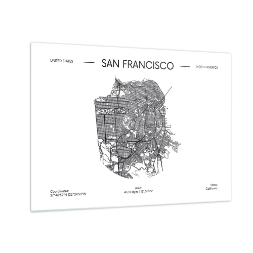 Tablou pe sticlă - O hartă stradală minimalistă a orașului San Francisco - 70x50cm - Anatomia San Francisco - Decorațiune modernă pentru perete pentru living și dormitor ARTTOR
