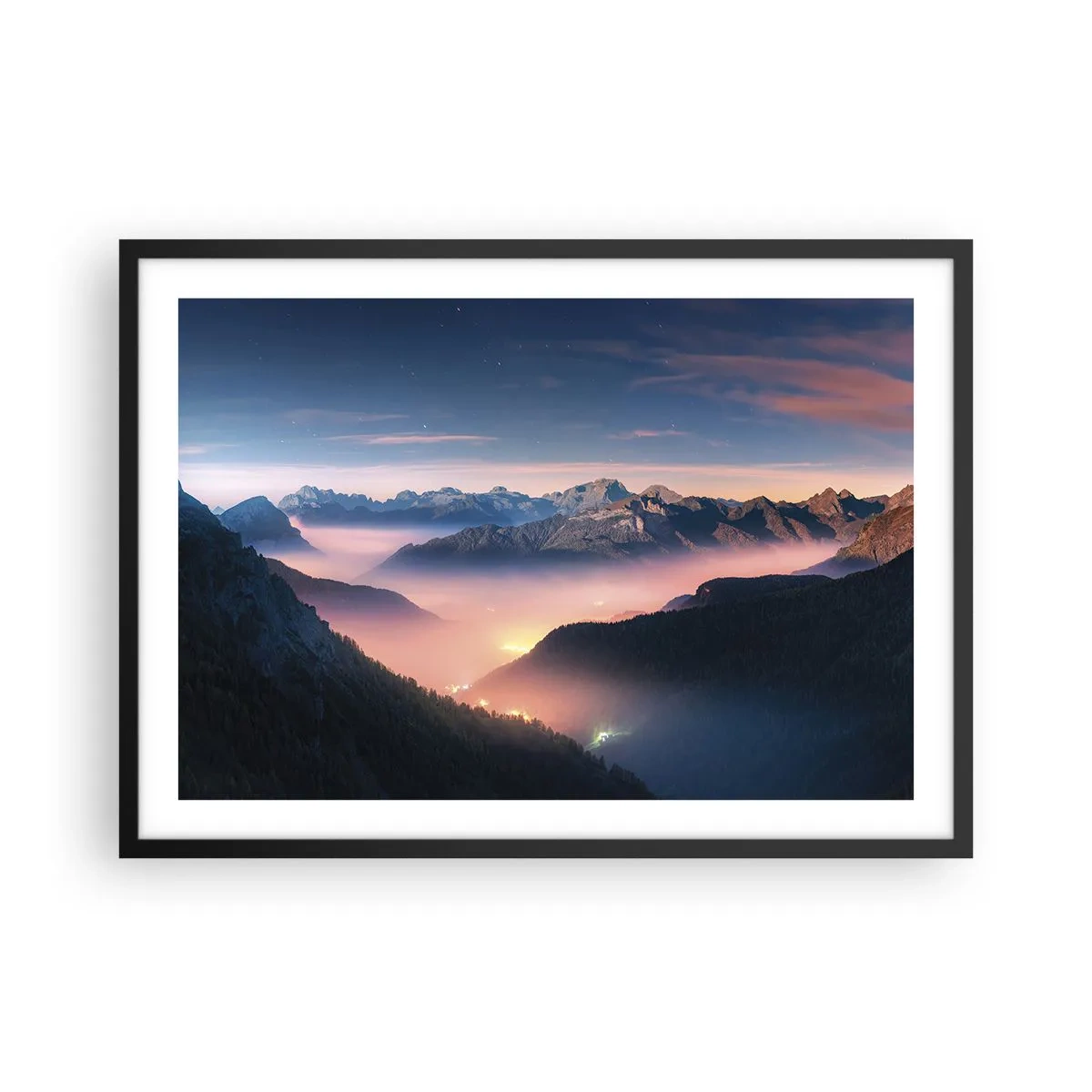 Poster în ramă neagră - Lumină în văi - 70x50 cm