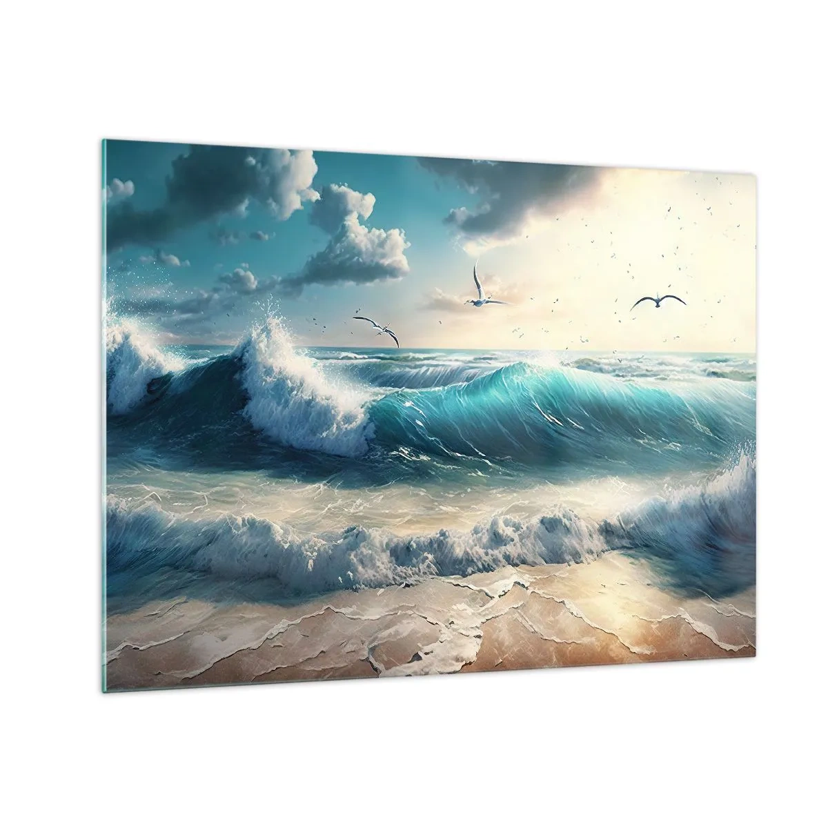 Tablou pe sticlă - Valuri care se izbesc de țărm în lumina dimineții - 70x50cm - Sunetul valurilor doar pentru tine - Decorațiune modernă pentru perete pentru living și dormitor ARTTOR