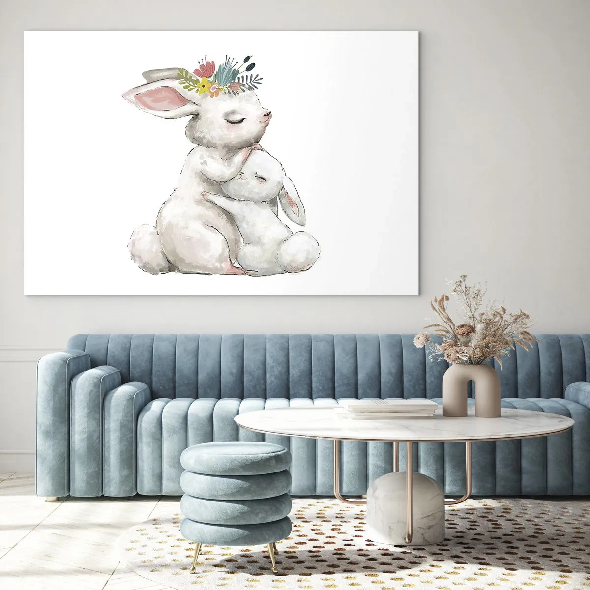 Tablou pe sticlă - Doi iepuri drăgălași în culori pastelate - 70x50cm - Ca la mama - Decorațiune modernă pentru perete pentru living și dormitor ARTTOR