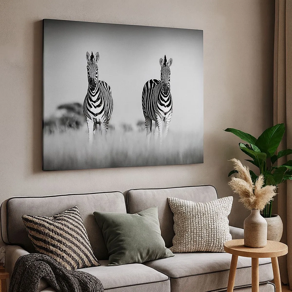 Tablou pe pânză Canvas - Două zebre în savană într-un stil monocromatic - 70x50cm - Și totuși lumea e albă și neagră - Decorațiune modernă pentru perete pentru living și dormitor ARTTOR