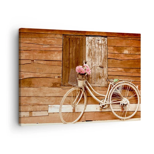 Tablou pe pânză Canvas - O bicicletă cu un coș plin de trandafiri pe un perete de lemn - 70x50cm - Mă întorc imediat - Decorațiune modernă pentru perete pentru living și dormitor ARTTOR