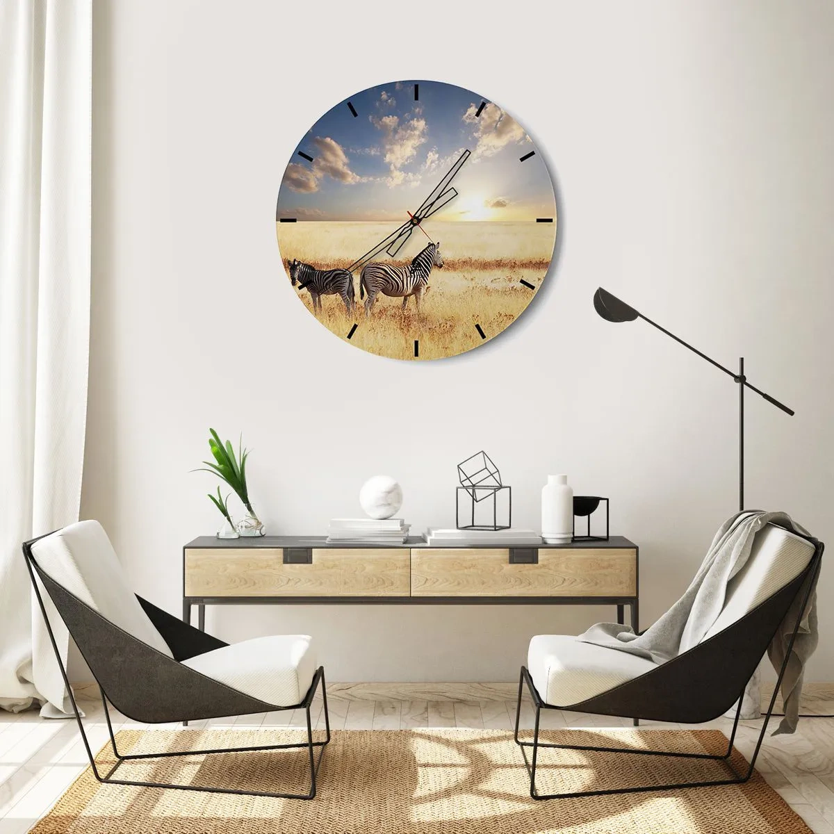 Ceas de perete - Ceas pe sticlă - Zebre în savană la apus - 30x30cm - Plecați, nu tulburați liniștea - Decorațiune modernă pentru perete pentru living, bucătărie și dormitor ARTTOR