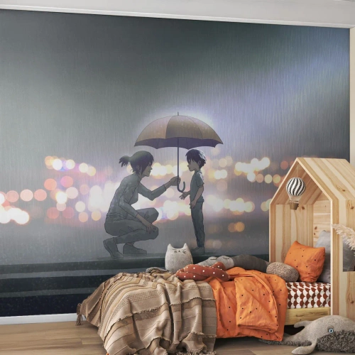 Tapet Standard Eco - Scenă animată de ploaie cu personaje și umbrelă noaptea - 100x70cm - Și totul este bine acum - Decorațiune modernă pentru perete pentru living și dormitor ARTTOR