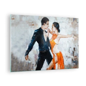 Tablou pe sticlă - Un cuplu dansând într-o poză dinamică pe un fundal în stil impresionist - 70x50cm - Dirty dancing - Decorațiune modernă pentru perete pentru living și dormitor ARTTOR