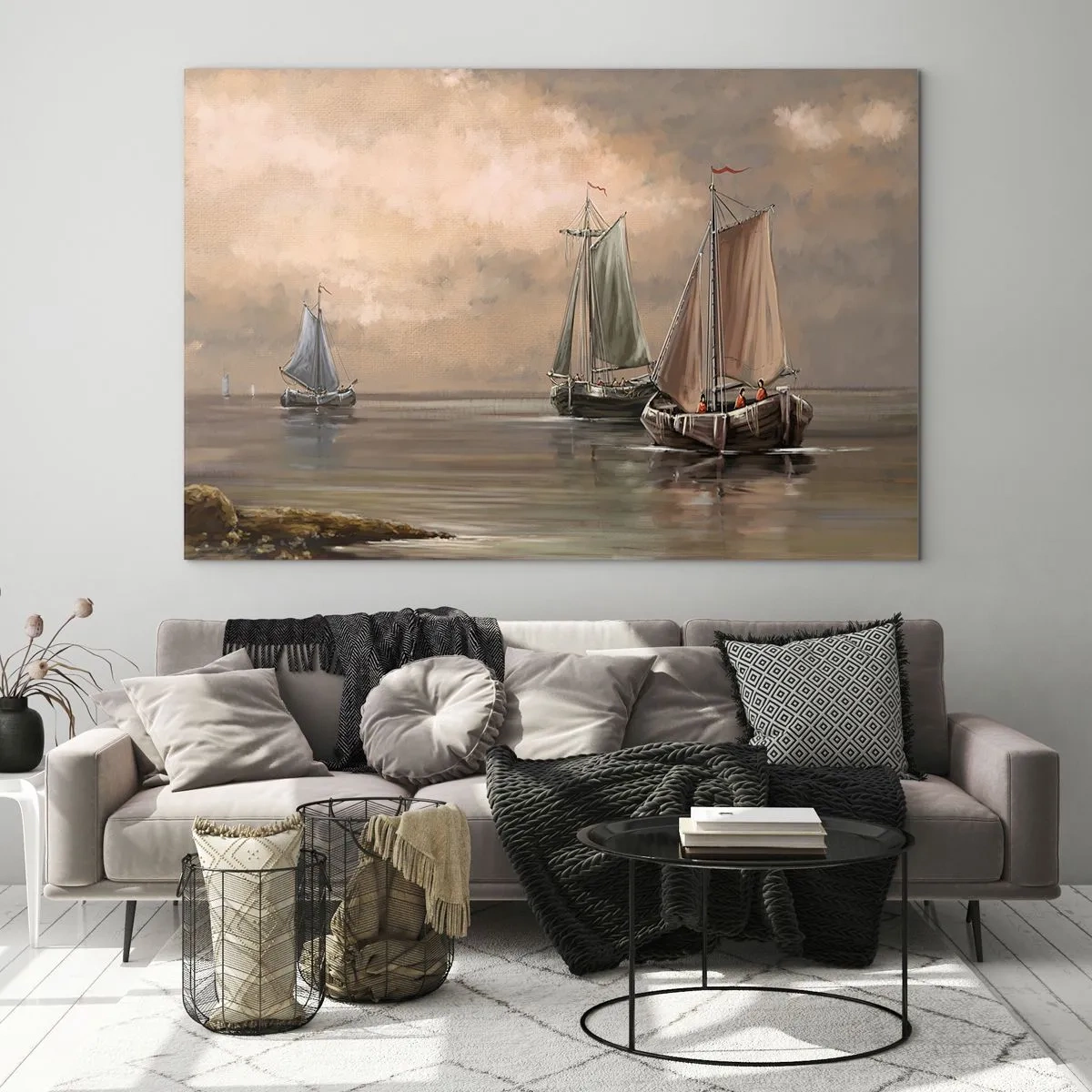 Tablou pe sticlă - Trei bărci cu pânze pe o mare calmă în culori pastelate - 70x50cm - Întoarcerea marinarilor - Decorațiune modernă pentru perete pentru living și dormitor ARTTOR