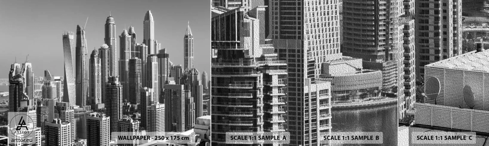 Mostră tapet Premium Sand - Orașul de deasupra deșertului - Arhitectură, Oraș, Dubai - 100x30 cm