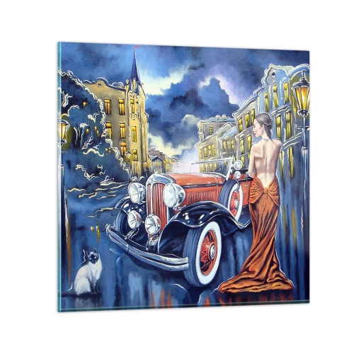 Tablou pe sticlă - Nocturne în albastru și coral - 30x30 cm