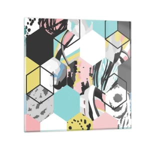 Tablou pe sticlă - Hexagoane și cuburi în șase culori - 60x60 cm