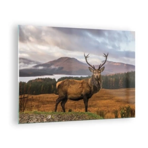 Tablou pe sticlă - Cerbi pe fundalul unor munți și păduri pitorești - 70x50cm - Măreția naturii - Decorațiune modernă pentru perete pentru living și dormitor ARTTOR