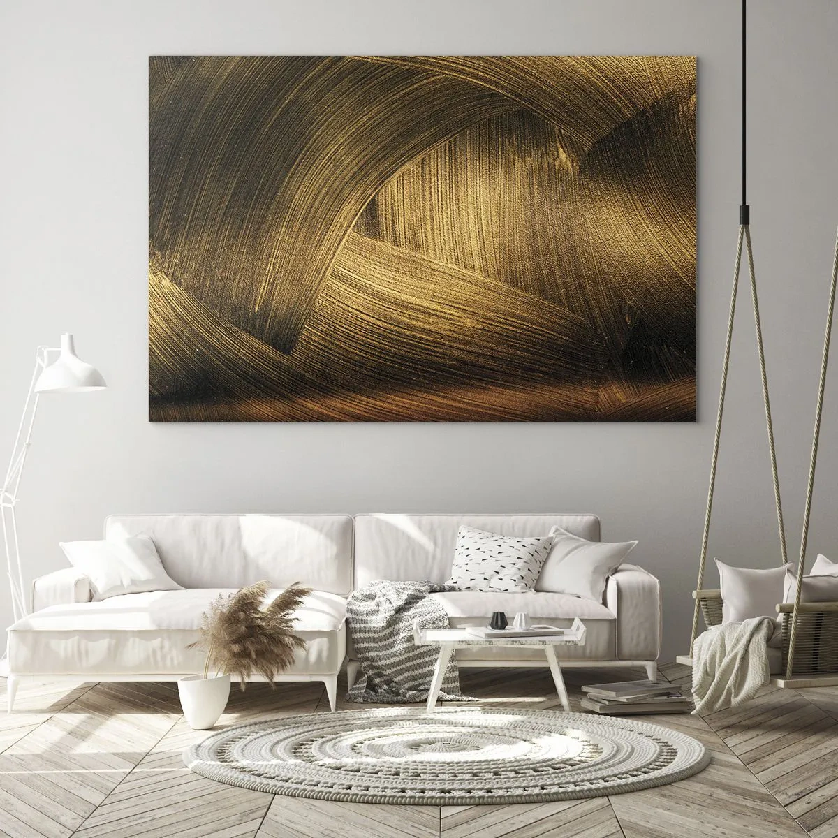 Tablou pe sticlă - O pictură abstractă care înfățișează linii geometrice aurii pe un fundal - 70x50cm - Într-un labirint de aur - Decorațiune modernă pentru perete pentru living și dormitor ARTTOR