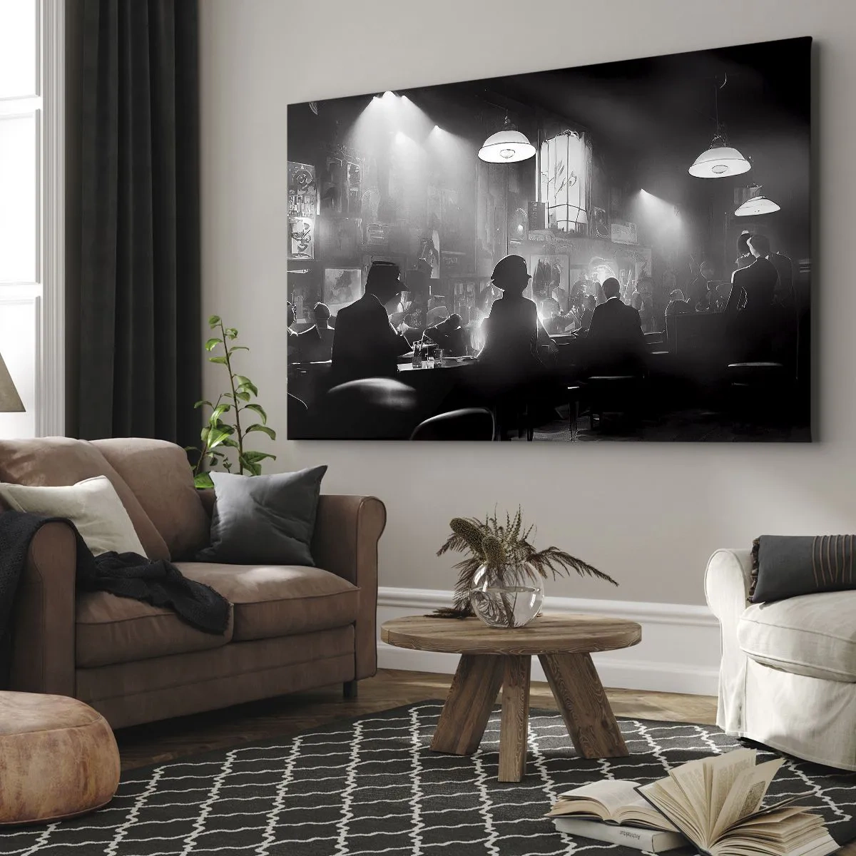 Tablou pe pânză Canvas - Scenă de club de noapte cu jazz alb-negru - 70x50cm - În stil jazz - Decorațiune modernă pentru perete pentru living și dormitor ARTTOR
