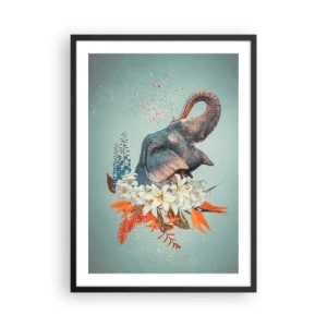 Poster în ramă neagră - Un elefant printre flori într-o compoziție suprarealistă - 50x70cm - Urlet de bucurie - Decorațiune modernă pentru perete pentru living și dormitor ARTTOR