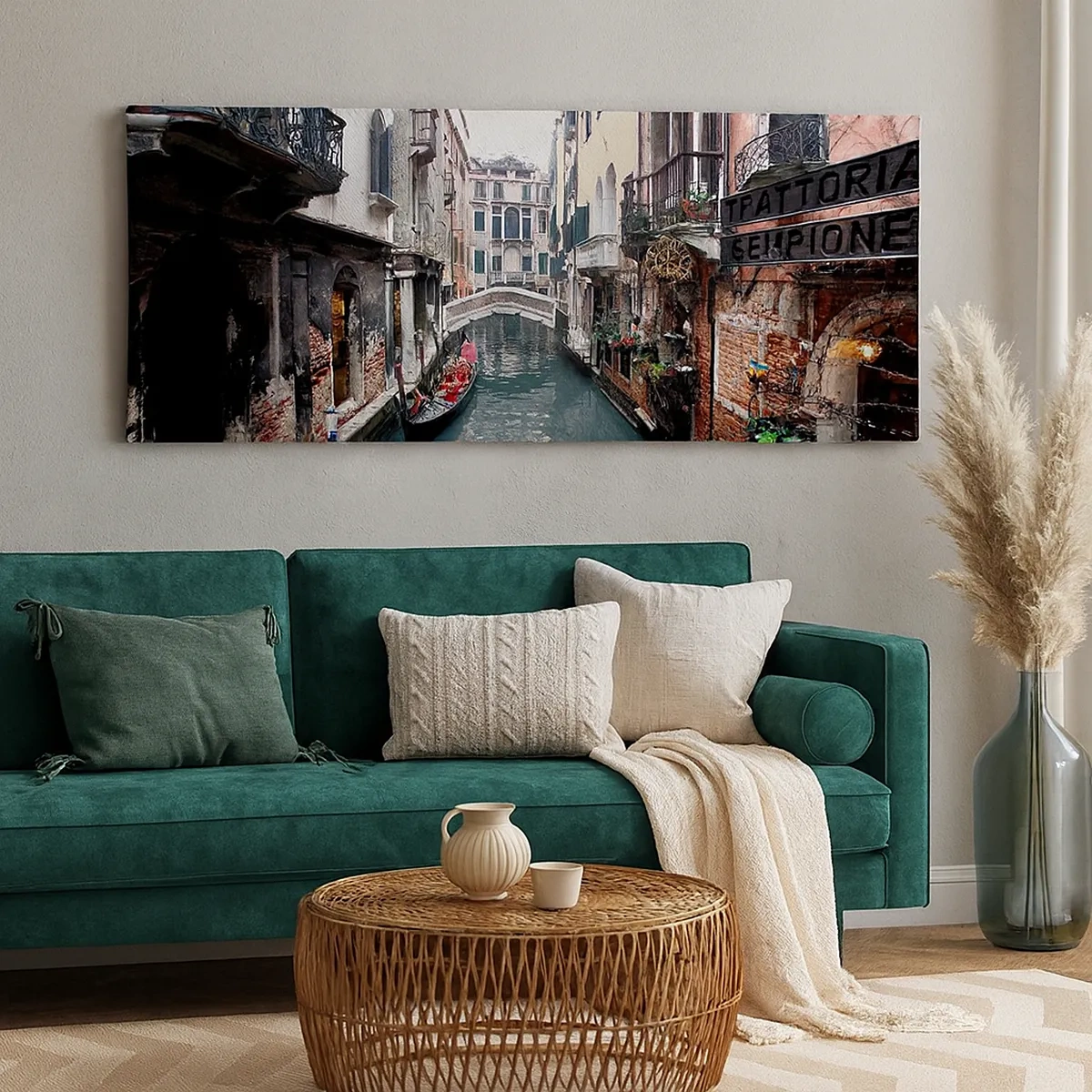 Tablou pe pânză - Peisaj venețian cu gondolă și pod - 30x30 cm