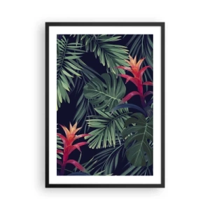 Poster în ramă neagră - Frunze și flori tropicale pe un fundal întunecat - 50x70cm - Flacăra verde - Decorațiune modernă pentru perete pentru living și dormitor ARTTOR