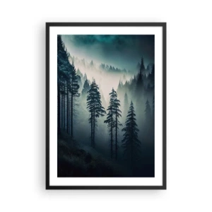 Poster în ramă neagră - pădure întunecată învăluită în ceață - 50x70cm - Dimineața de munte - Decorațiune modernă pentru perete pentru living și dormitor ARTTOR