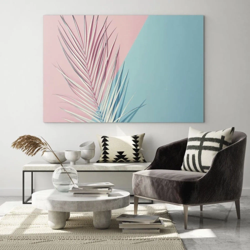 Tablou pe sticlă - O frunză de palmier pe un fundal pastel într-o compoziție geometrică - 70x50cm - Impresie tropicală - Decorațiune modernă pentru perete pentru living și dormitor ARTTOR