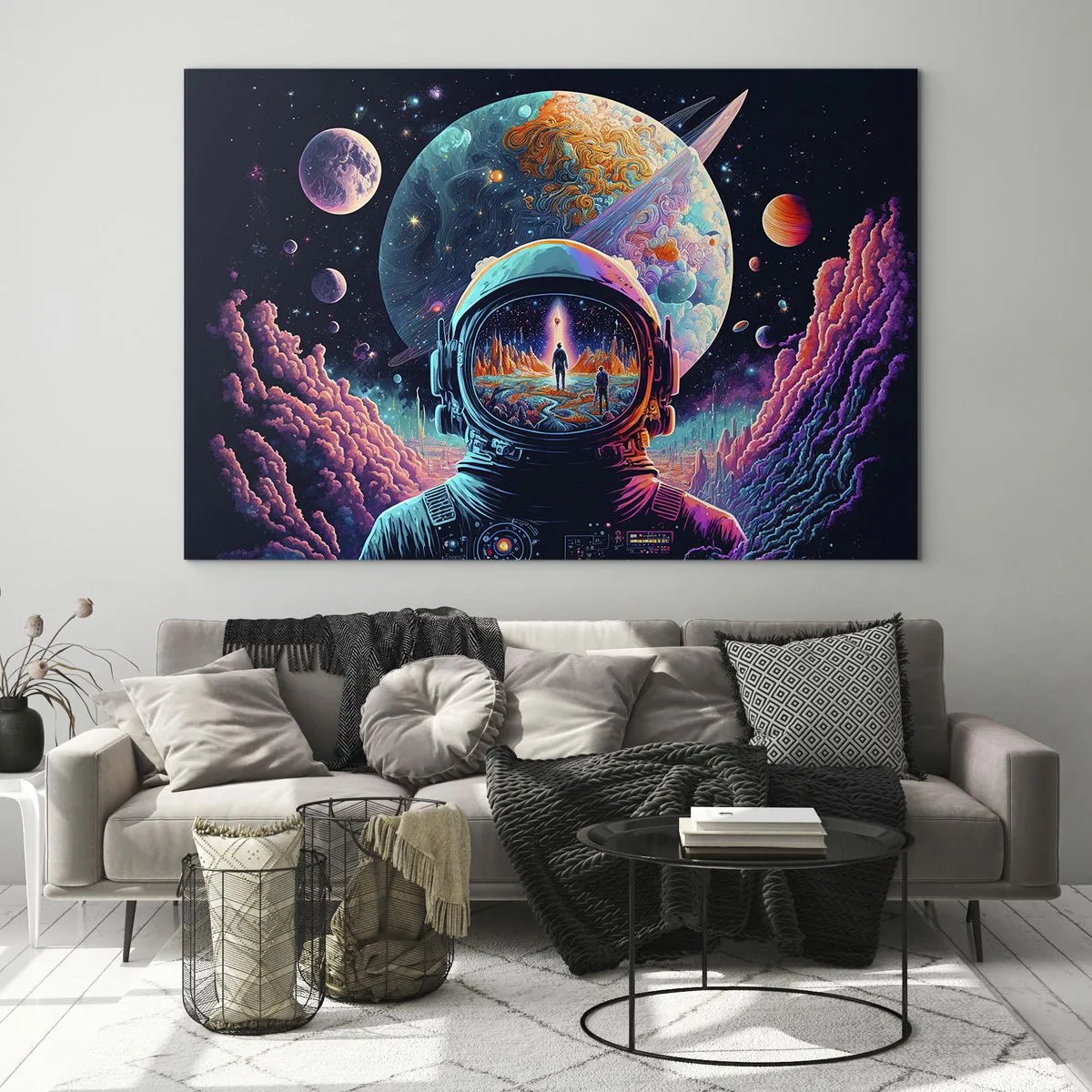 Tablou pe sticlă - Un peisaj spațial cu un astronaut și o planetă suprarealistă. - 70x50cm - Visul nevisat al filozofiilor - Decorațiune modernă pentru perete pentru living și dormitor ARTTOR