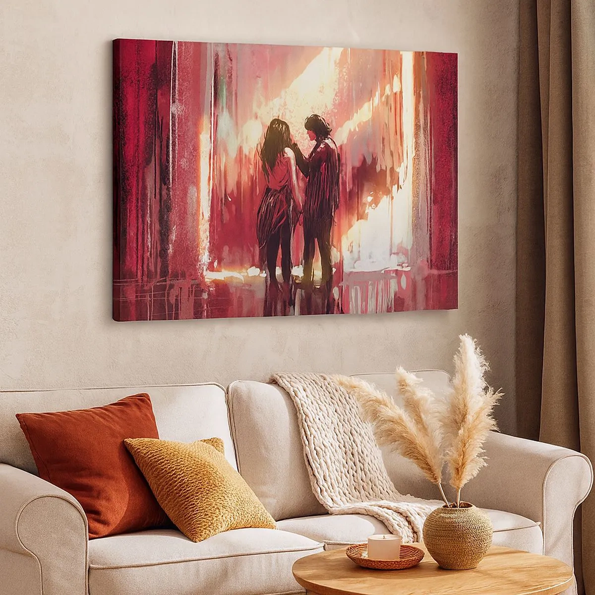 Tablou pe pânză Canvas - Un cuplu stând în lumină caldă pe un fundal de modele abstracte. - 70x50cm - Spectacolul etern al iubirii - Decorațiune modernă pentru perete pentru living și dormitor ARTTOR