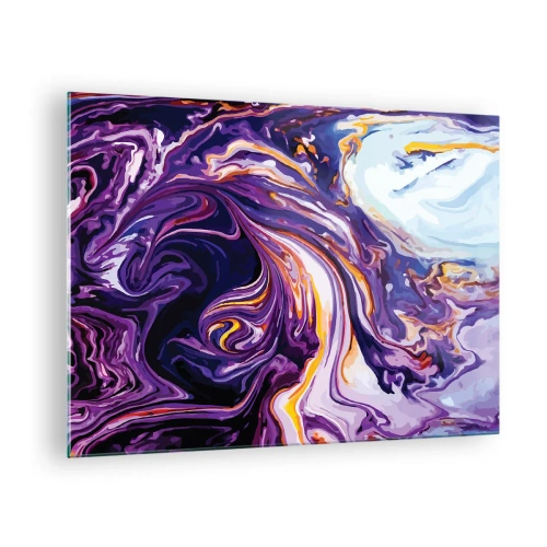 Tablou pe sticlă - Model abstract în nuanțe de violet și alb cu linii dinamice - 70x50cm - Îndoirea spațiului în mov - Decorațiune modernă pentru perete pentru living și dormitor ARTTOR