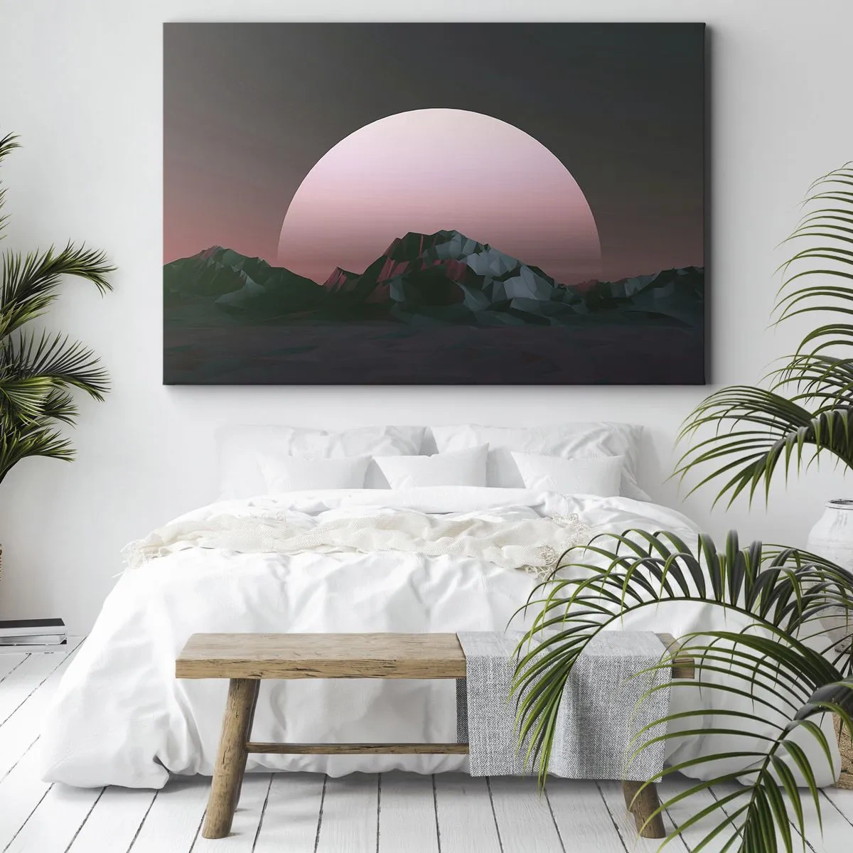 Tablou pe pânză Canvas - Munți geometrici cu soarele apunând în fundal - 70x50cm - Într-o galaxie învecinată - Decorațiune modernă pentru perete pentru living și dormitor ARTTOR